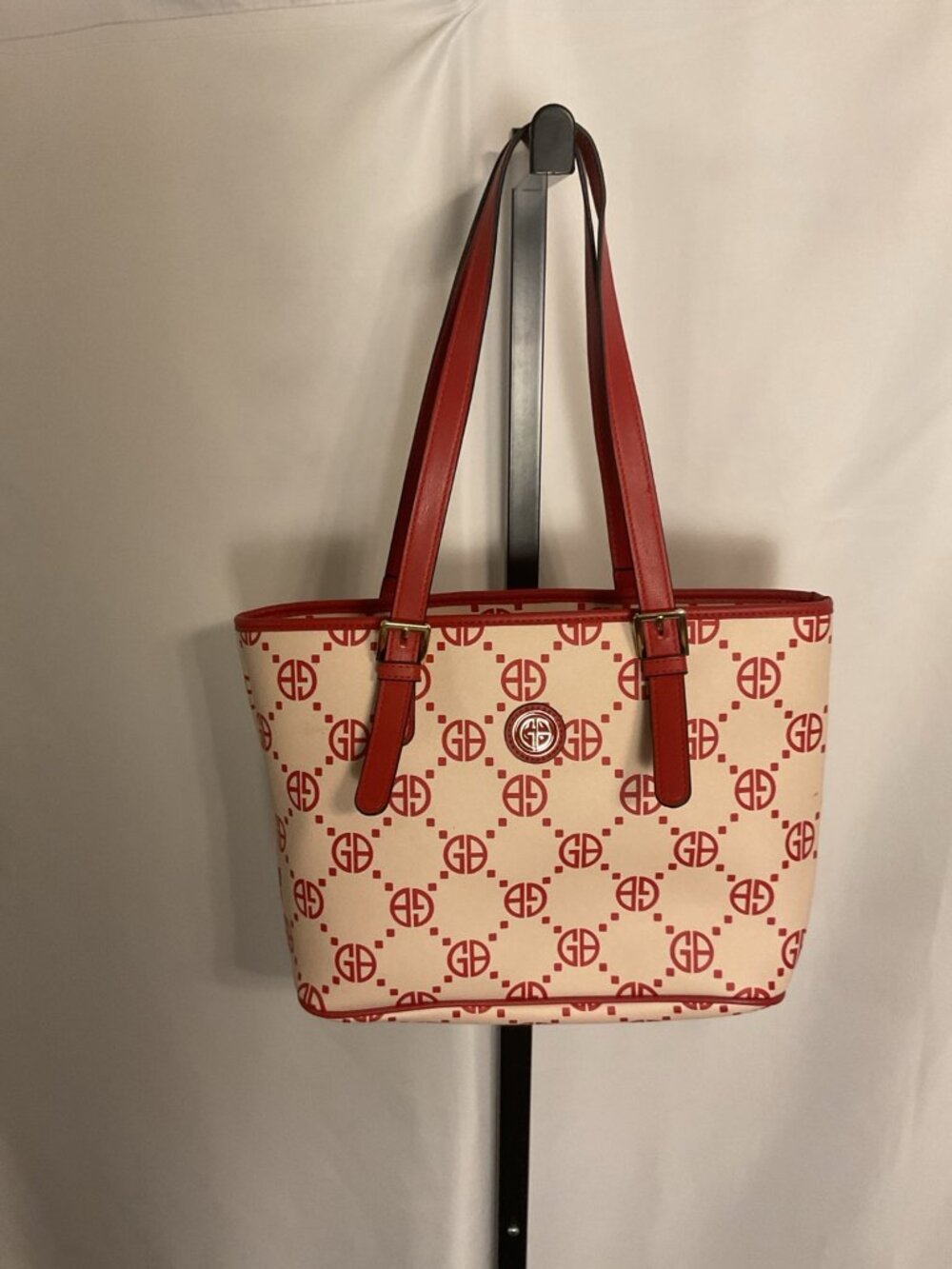 Giani Bernini Red White Monogram Tote Bag Shoulder Purse Zip Pocket Large - Picture 2 of 10